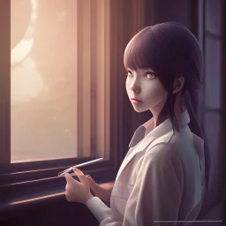 Anime, female student studying by the window, anime style,perfect face, cool face, ultra detail, unreal engine 5, cinema4d, sun light, studio lighting --ar 1:1 --v 4