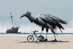 a long-legged lean black-grey cybervulture with ((beak-shaped heads)) (wearing white khiton) on a bike in front of a boatwreck on a radioactive beach, front view, acrylic painting, minimal art, centered, wild sparse brushstrokes, amazing verticals, great parallels, low bleak colors of gray, blue and black, excellent negative space contrasts