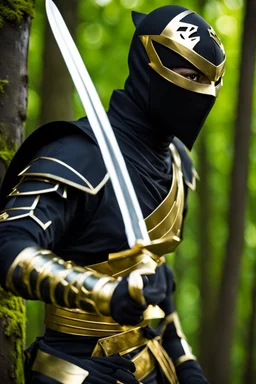 Photograph Black Ninja Assassin suit Golden armor,forest background