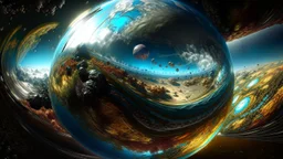 infitnity vanishing point, photorealistic gigantic glass planet full of lifeforms floating in a giant exoplanet, Trompe-l'œil, galactic warpdrive, multiverse