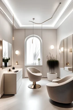 minimalist yet luxurious european beauty salon space in fashion photography style, with warm and cozy ambience
