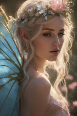 Pointed elven ears,Blonde hair ,Pink dress,Sparkling fairy wings,Very long golden hair,Fairy crown,pointed ears,elven ears,fairy wings,water lilies,sparkling,glittering,flowers,blossoms,golden crown,light pink dress