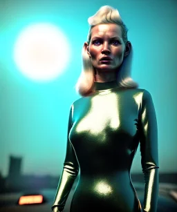 retro sci-fi portrait image from 1980, supermarket parking explosion, fire, scared people, blonde woman walking, sweet Kate moss face, tight latex suit, soft color, highly detailed, unreal engine 5, ray tracing, RTX, lumen lighting, ultra detail, volumetric lighting, 3d, finely drawn, high definition, high resolution.