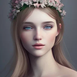 realistic, beautiful young woman with floral crown, full body in void, hight definition, 8k, symmetric face, perfect eyes