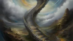 Oil painting, Monumental, spiraling stone staircase rising up into a boundless, enigmatic heavens above a rugged, untamed terrain, vibrant color palette, blurry, muted colors, long exposition motion blur, creative, extremely detailed brush stroke