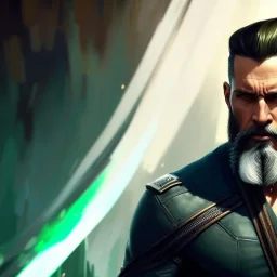 "MIddle aged white human male, with a trimmed but uneven beard, piercing green eyes with slick back hair,complete head and shoulders portrait, 8k resolution concept art portrait by Greg Rutkowski, Artgerm, WLOP, Alphonse Mucha dynamic lighting hyperdetailed intricately detailed Splash art trending on Artstation triadic colors Unreal Engine 5 volumetric lighting Splash art fantasy"