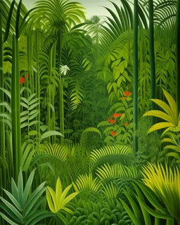 A lime green tropical jungle designed in ancient Egyptian hieroglyphics painted by Henri Rousseau