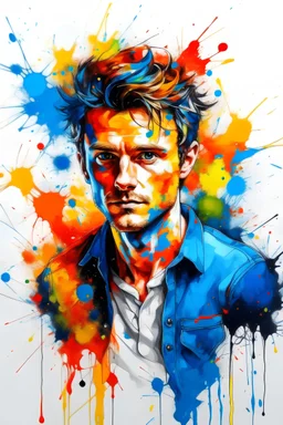 colorful and abstract handsome person portrait. The person is decorated with bright paint splatters in blue, yellow, salmon color, orange and black. The painting style is abstract and expressionist, integrating the figure with the white background. Part of a white shirt or jacket appears among the colorful splashes. looking through right. 37 years oold.