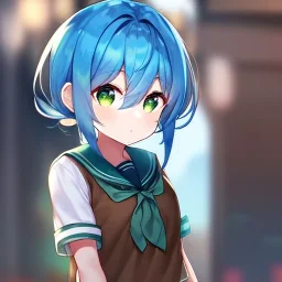 Clear focus, High resolution, short light blue hair, low twintails behind head, ribbion on twintail, straight long locks, green eyes, wearing a sailor uniform, wearing a sailor skirt, wearing a brown vest, cute, 1girl, hair between eyes