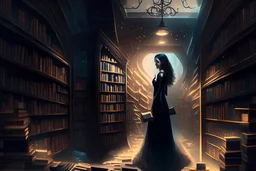 full-height shot of a woman in a tight black dress, inside a large magic book shop, shelving, lights, books, bottles, windows