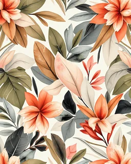 A seamless, abstract botanical pattern with a mirror-symmetry layout. The composition features layered, stylized tropical leaves and floral shapes arranged in an artistic, fabric-texture style. Dominant colors include muted olive green, dusty terracotta, pale blush, charcoal gray, warm beige, soft blue-gray, and faded coral red. The artwork appears painted with soft brushstrokes, giving it a hand-crafted watercolor or gouache feel, with a linen-textured background. The visual effect is organic,