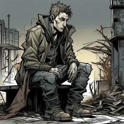 man, ethan hawk, sitting, comic book, post-apocalypse, grey background, illustration,