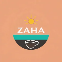 A circular logo with the name (ZAHA) designed for a modern cafe with the sun symbol and turquoise and indigo colors and a combination of a coffee bean and a coffee cup at the bottom of the logo.
