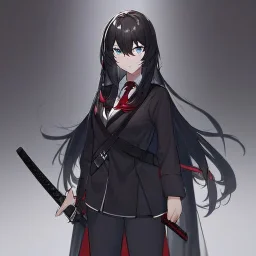 Clear focus, High resolution, long black fluffy hair, blue eyes, wearing a black sailor uniform, red tie, yandere, rough line sketch, dark aura, holding a katana, hair between eyes, 1girl, standing in grey sand