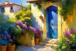 captivating and cinematic impressionist painting by Chen Chun, inspired by Pino Daeni's style, showcases a picturesque village scene. A charming, sunlit house with a potted plant adorned with vibrant, flowering vines sits at the forefront. The sunlight casts stunning shadows and highlights, creating depth and dimension, while the background reveals a serene Mediterranean landscape with elegant and refined elements. This conceptual art masterpiece, created by @challenge2pt, is a 3D render that ex