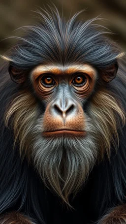 Monkey front view with human look face and long hair and beard looks like an ancient Sumerian gods