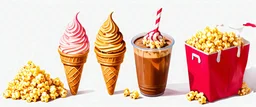 ice cream cones, sundaes, bag of popcorn, iced coffee drink. digital painting on white