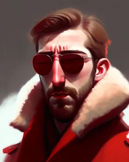 a young man who looks like hans gruber wearing a heavy coat and red sunglasses staring with an irritated look on his face