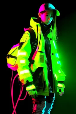 y2k, neon, fluo, cloth transparent, techwear, walkman, pop, blade runner