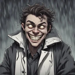 a closeup of a psychopathic young man with white eyes in a heavy coat during a rainstorm laughing cartoon