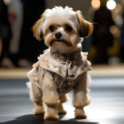 Dog wearing grich dress on the runway