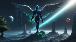 matrix, god creation, few planets on the back ground. small and large deposits of monoliths of red, blue, and green crystals of tiberium on the right side, seven space trees on the left side of the angel from the other dimensions.