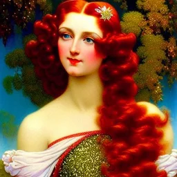 Young maggie rizer, meticulously detailed face, meticulously detailed multi-hued long red hair; ethereal fantasy. Maxfield Parrish. realistic oil painting. Victorian era, glitter, luminous color sparkles, old fashioned, vintage, antique, beautiful, renaissance, 16k