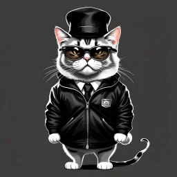 Drawing of an angry cat with black jacket, hat and glasses, NFT style