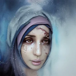 dripping watercolor paint as woman's face, wearing hijab, dripping, melting watercolors, fine detail, highly intricate, modern surrealism painting, fog, high-quality, volumetric lighting, 8k, ultrahd, George Grie, Marco Escobedo, Igor Morski,Brian Froud, Howard Lyon, Selina French,