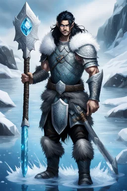 1 mana warrior, with blue eyes and black hair man in silver Viking armor with fur around the neck with blue crystal on his chest , standing in water in the artic, holding a ice axe, warrior in anime style,