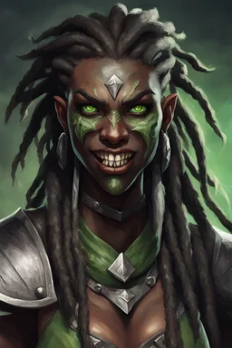 dungeons and dragons character portrait of a beast human female warrior with black skin and dreadlocks and thick eyebrows and big nose and big fangs and green eyes. Make her fangs visible.