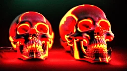 anatomically correct human skulls stacked into a pyramid, unusual neon lighting, high velocity, 64k, dystopian, vray, steampunk