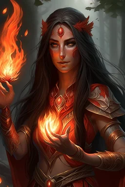 Female eladrin druid with fire abilities. Fire textured long darkhair. Tanned skin. Big red eyes with touch of fire .