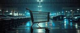 A cinematic close-up of an old, rusty supermarket shopping cart standing alone under a flickering parking lot lamp in heavy rain. It has an almost sinister presence. In the background, dozens of abandoned shopping carts slowly roll toward the viewer like a silent army. The parking lot is empty except for overturned cars, scattered groceries, and flashing blue emergency lights. Dark Scandinavian thriller aesthetic, realistic textures, moody atmosphere, epic Hollywood movie poster, bold distressed