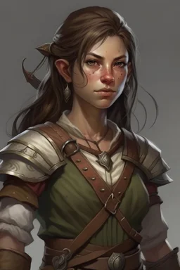 old broad female half elf brown hair fighter