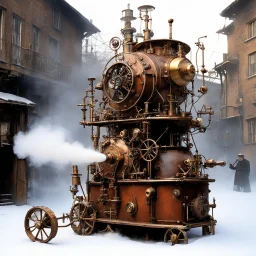 [photo by Ralph Steadman] Behold the fantastical creation of Professor Blockhead, a steam-powered contraption whirring and clicking with fervor. The eccentric inventor gazes upon his invention with theatrical awe, frozen in perpetual amazement. Copper pipes gleam, brass gears sputter, and steam hisses, adding a mystical air to the scene. In the style of Jules Verne, the spectacle captures the essence of boundless imagination and audacious brilliance. The contraption embodies the chaotic energy o