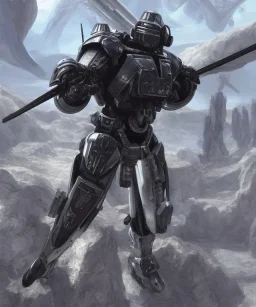 Photorealistic futuristic shiny winged samurai mechwarrior holding large katana on the surface of an alien planet