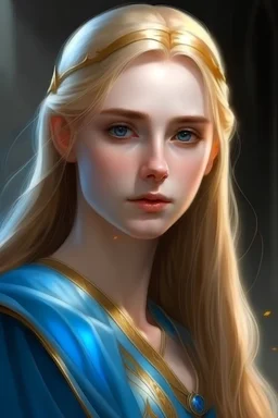 realism, lord of the rings elf, unique face, princess of nargothrond, female elf, cute face, high cheekbones, azure blue eyes, long honey blonde hair, light blonde eyebrows, simple blue dress