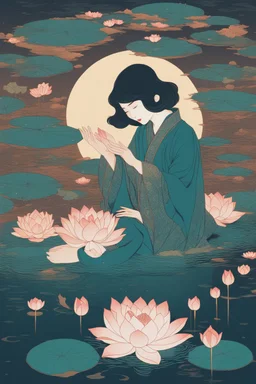A woman lies at the bottom of a pond, with lotus flowers floating on the water by victo ngai, kilian eng, moon, dark night time, reflection, loose strokes, dynamic lighting, digital art, art by james jean, takato yamamoto, 4k, concept art, illustrative, high contrast