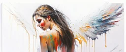 A detailed illustration of a beautiful young female human with growing out of her back. Her skin, hair and face are all made of paint. Her wings are spread. Highly detailed flawless facial features and eyes. Abstract Oil painting splash art. White background, wide angle, abstract design, beautiful, thick flowing paint strokes, dripping paint, fantasy art, modern art, ((soft happy complimentary colors,)) modern aesthetic, focused on the character, 4K resolution.