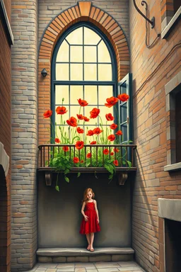 A beautiful girl standing in classic old building with bricks stones texture with a balcony filled with red poppies growing out of it , oil colors drawing with Van Gogh painting style