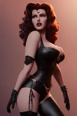 Rita Hayworth as evil queen in black leather, busty, cleavage, curvy, angry, stern look. character design by cory loftis, fenghua zhong, ryohei hase, ismail inceoglu and ruan jia. unreal engine 5, artistic lighting, highly detailed, photorealistic, fantasy