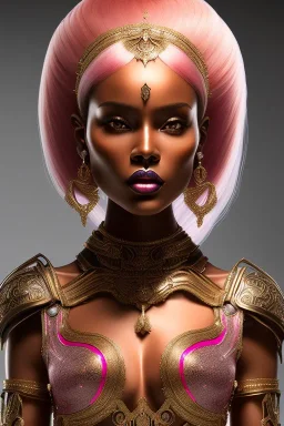 Beautiful perfect Portrait bronze skin, red to pink pixie cut Dominican lady, bare muscular midriff BlackFuturism full body shot, full-color long shot skin-tight ornate black filigree sheer crop top armor and silver leather miniskirt positive space detailed hyperdetailed insane masterpiece picture of the day