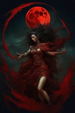 A dramatic digital painting portraying a warrior-girl and horror monster under the Red Moon, veins pulsing, claws of temptation visible, soul in turmoil. In the style of Salvador Dali and Van Gogh , vivid colors, swirling brushstrokes, highly detailed, 8k resolution, surrealistic., juicy emotions, painting, gloomy fantasy, gloomy day, dark world, portrait, oil and graphite, wide strokes, a weaving frame around, by Ryohei Hase, Agnes Cecile, Raymond Swanland, Anne Bachelier