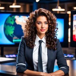 amodern tv studio a beautiful girl perfect face curly hair in official clothing sitting next to desk presenting news looking at camera, with picture of an old man in tv screen at background