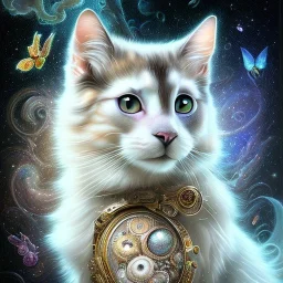 a beautiful, stunning mixed media artwork of cat made of clouds, butterflies, milky way, digital painting, hyper-realistic, intricate, high-quality, fine-detail, in the style of Lea Roche, Dottie Dracos, brian froud, howard lyon, selina french, anna dittmann, annie stokes, lisa parker, greg rutowski,