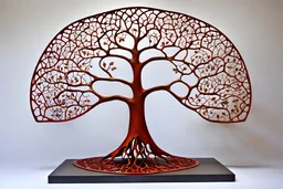 flat lace abstract sculpture representing an apple tree erected in a treeless meadow. the trunk and leaves are rusted unpainted iron the flat metal apples are enamelled red