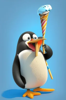 Cartoon character penguin eating ice cream lolly stick