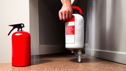 spraying a fire extinguisher to unclog the overflowing toilet