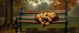 master oil painting by Rembrandt, fat kobold sleeping on a bench in the park